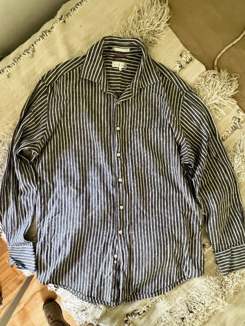 Bill Blass Cotton and Linen Grey and White Vertical Stripe Button-up Shirt